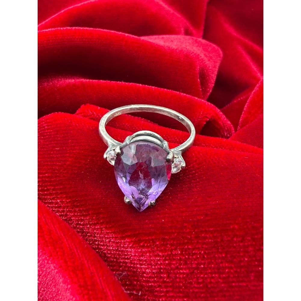 925 Sterling Silver Pear Cut Amethyst Purple Stone Cocktail Ring Size 7